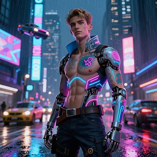 Cyberpunk cityscape at night, raining. Muscular, tattooed, shirtless man with neon cyber armor and glowing tattoos stands confidently on wet