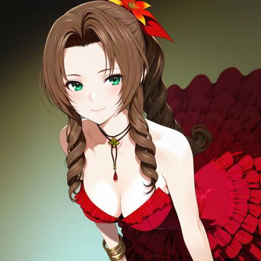 Illustration of Aerith gainsborough (red dress), final fantasy in the style of Okama