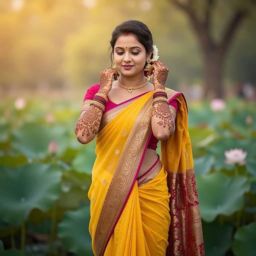 Photograph of a smiling Indian woman with dark hair, wearing a yellow and gold saree, red blouse, intricate henna designs on hands and arms