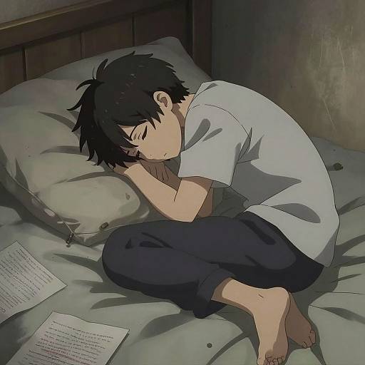 Anime-style digital drawing of a young boy with black hair, sleeping on a bed with gray sheets, wearing a white t-shirt and black pants. Papers