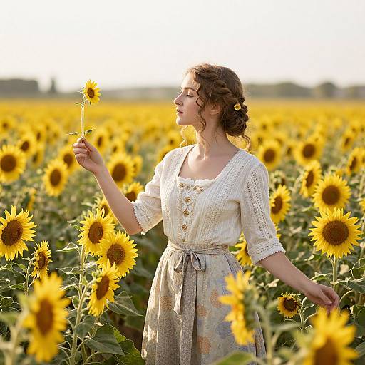 Photograph of a curly-haired woman in a white lace blouse and floral skirt, standing in a sunlit sunflower field, gently holding a sunflower