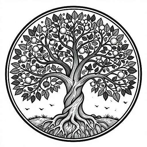 Black and white intricately detailed woodcut-style illustration of a fruitful tree with twisting trunk, abundant apples, and leaves, encircled by a circular