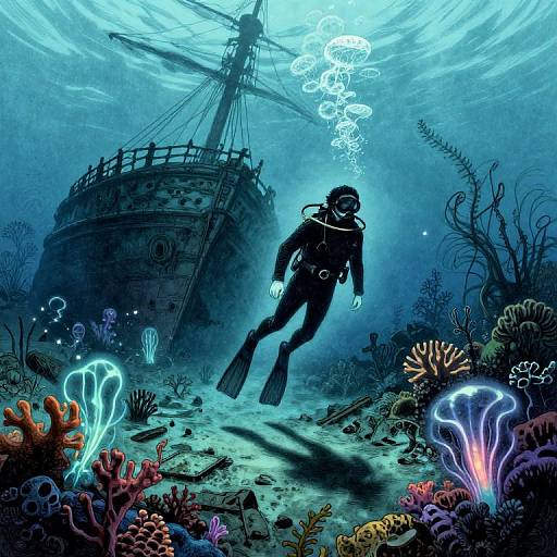 Digital artwork of a scuba diver in black wetsuit and flippers, exploring a vibrant underwater scene with a sunken ship, colorful corals