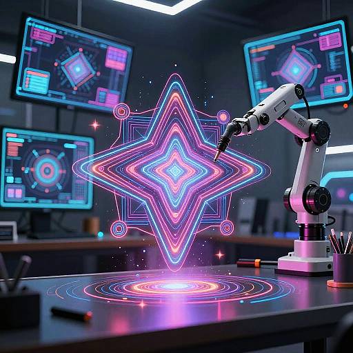 Photograph of a futuristic lab with glowing neon star patterns, a white microscope on a black table, and multiple high-tech screens displaying data in vibrant blue