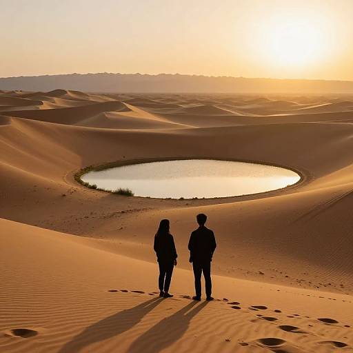 Silhouettes Gazing at Desert Oasis