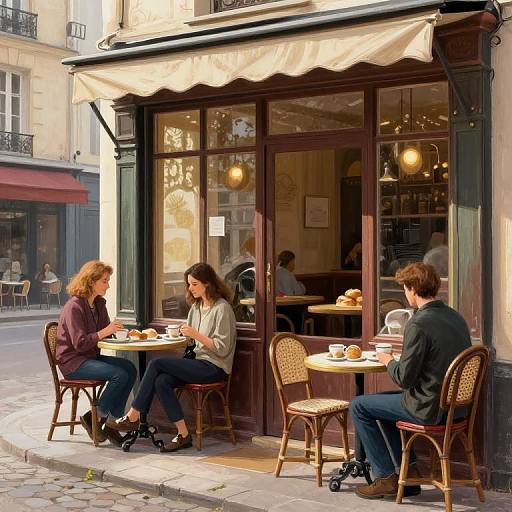 Photograph of three casually dressed people sitting at a French café's outdoor table, enjoying meals and conversation, under a beige awning.