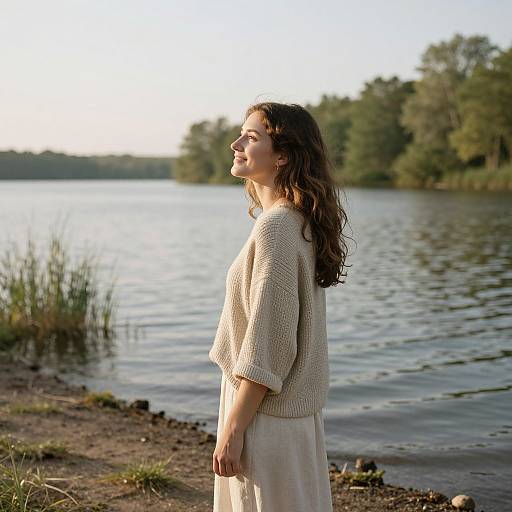 Photograph of a young woman with wavy brown hair, wearing a beige knitted sweater and white skirt, standing by a serene lake with trees in