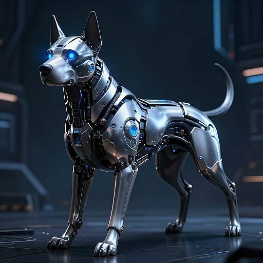 Photorealistic CGI of a shiny, metallic robotic dog with glowing blue eyes, standing in a dark, futuristic industrial environment.