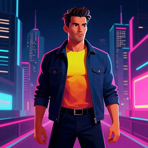 Confident Man in Neon Futuristic City