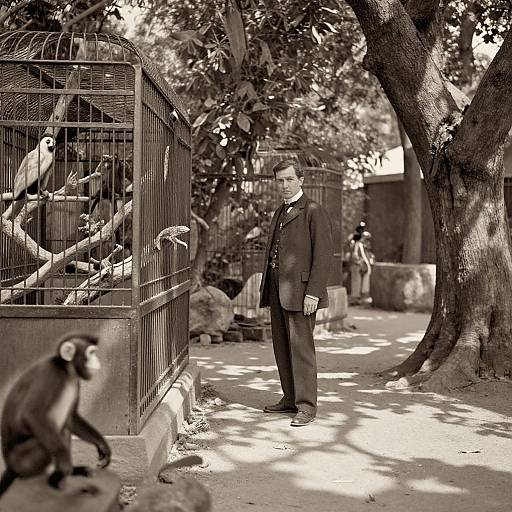 Black-and-white photograph of a man in a suit standing near birdcages and monkeys in a shaded, tree-lined zoo path.
