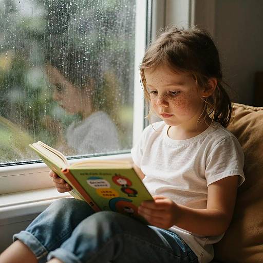 Photograph of a young girl with light brown hair, freckles, and wearing a white shirt and blue jeans, reading a colorful book by a