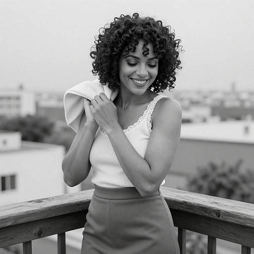Elegant Woman on Wooden Balcony