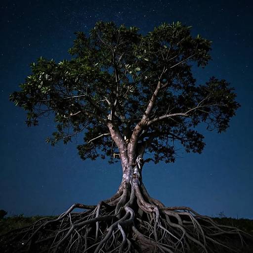 Surreal Gnarled Tree Under Starry Sky