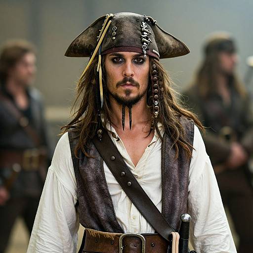Photograph of a rugged, long-haired pirate with a black tricorn hat, white shirt, and brown vest, standing confidently in a blurred, dim