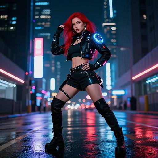 Photograph of a confident, red-haired woman in a neon-lit, rainy urban street, wearing a black crop top, leather jacket, shorts,