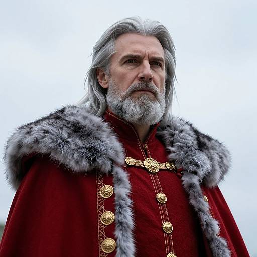 Photograph of an older man with gray beard and hair, wearing a red fur-trimmed cape with gold buttons, looking sternly upwards against a