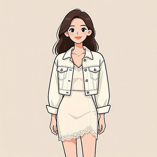 Digital anime-style drawing of a smiling woman with long brown hair, wearing a white lace dress and white denim jacket.