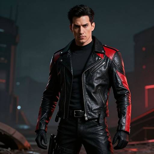 Photograph of a stern-looking man with dark hair, wearing a black leather jacket with red accents, black shirt, and gloves, standing in a dim