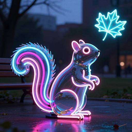 Neon Glass Squirrel with Floating Leaf
