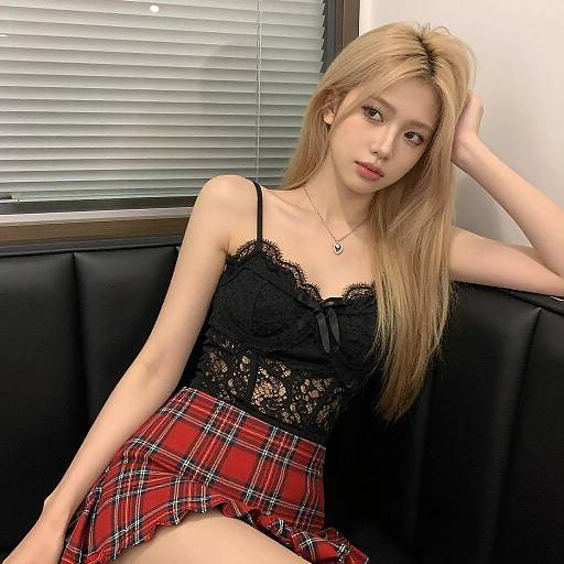 Young Woman in Black Lace and Plaid