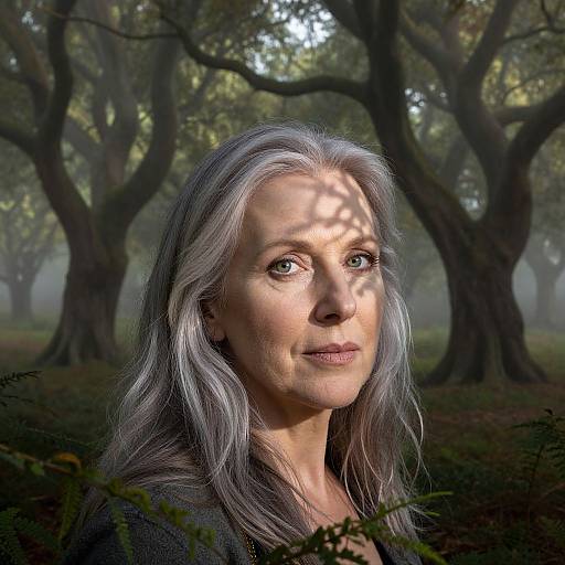 Photograph of a middle-aged woman with long, silver-gray hair, standing in a misty forest, sunlight filtering through tree branches.