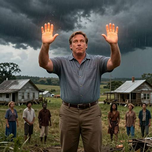 Photograph of a middle-aged man with raised hands, glowing hands, wearing a blue shirt, standing in a rainstorm, rural setting, with six