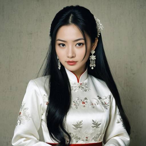 Young Asian Woman in Traditional White Embroidered Dress