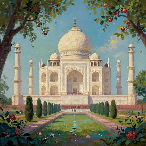 Digital painting of the Taj Mahal, centered in a lush garden with colorful flowers and trees framing the iconic white marble monument.