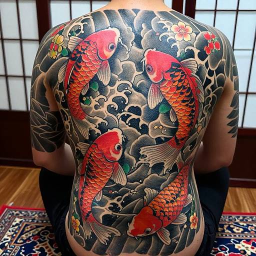 Tattooed back of a person with vivid, colorful koi fish swimming in waves, surrounded by flowers, in a traditional Japanese style, photographed