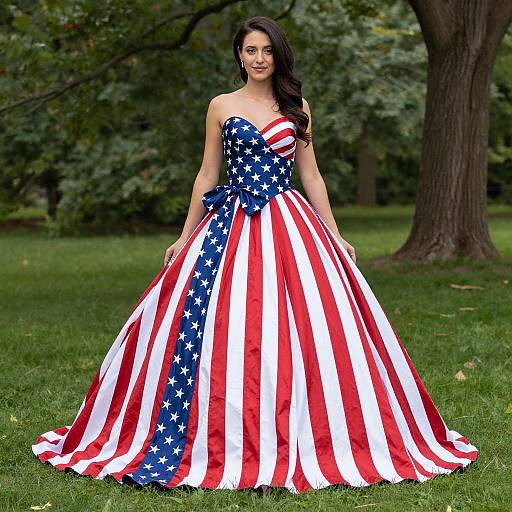 Photograph of a smiling woman with long black hair in a strapless, full-length, American flag-inspired gown, standing on lush green grass with trees
