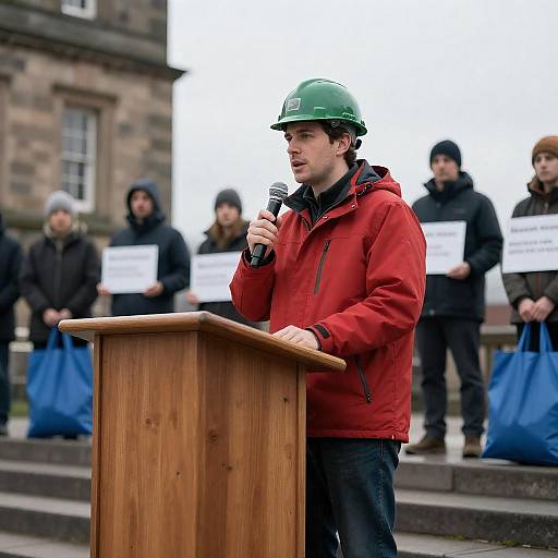 Man Speaking at Podium in Cold Weather