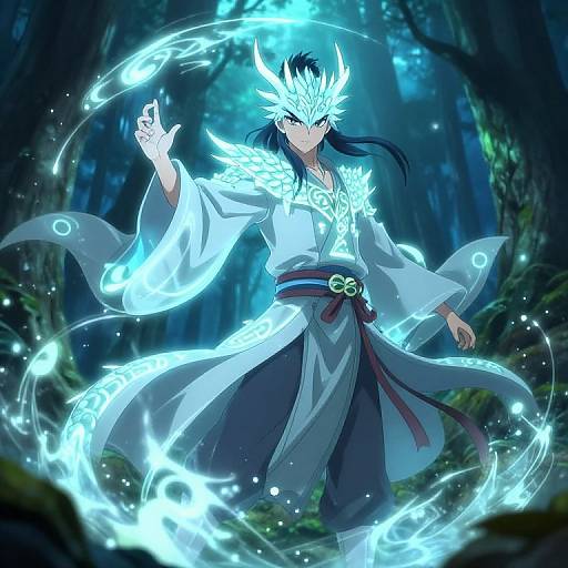 Digital anime artwork of a mysterious male mage with glowing blue energy, white ornate robes, and black hair, in a dark, magical forest.