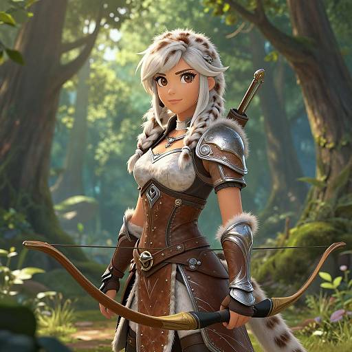 Digital anime-style drawing of a white-haired, fair-skinned elf woman with large eyes, wearing brown leather armor and fur, holding a bow in a