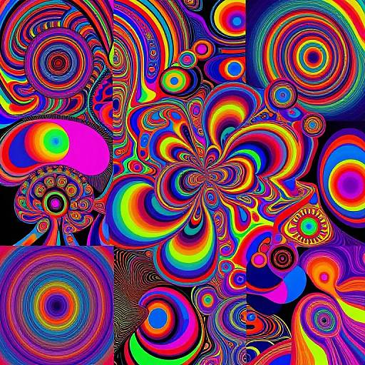 Vibrant, psychedelic abstract pattern with swirling, colorful circles, spirals, and shapes in neon reds, blues, yellows, and greens
