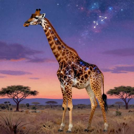 Digital artwork of a giraffe with star constellations on its body, standing in a savanna at sunset, with acacia trees and a star