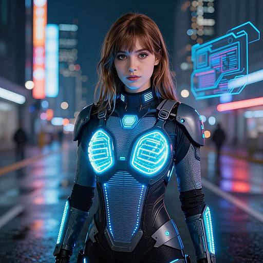 Neon-lit cyberpunk photograph of a young woman with glowing blue armor, brown hair, and intense expression, standing on a wet city street at