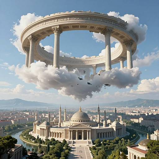 Digital artwork: Floating ancient Greek-style circular temple with columns above Istanbul's Hagia Sophia, surrounded by clouds, birds, and cityscape.