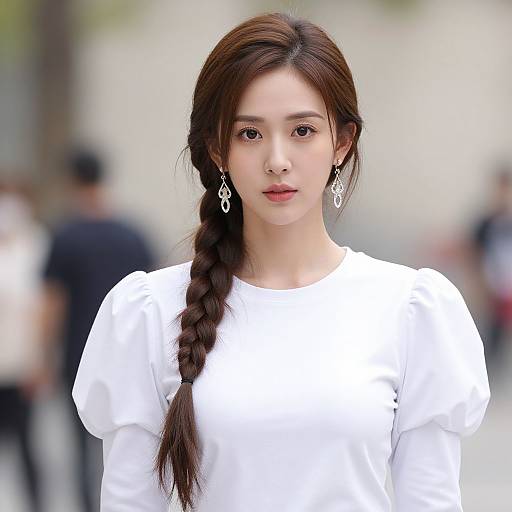 Photograph of an East Asian woman with long, braided brown hair, wearing a white blouse, and silver drop earrings, standing outdoors with a blurred