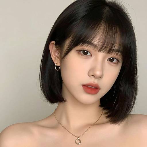 Photorealistic digital portrait of an Asian woman with straight black bob haircut, red lipstick, gold necklace, small hoop earrings, and light skin. Plain