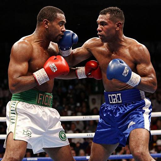 Photograph of two muscular Black male boxers, one in green and white, the other in blue, exchanging powerful punches in a brightly lit ring.