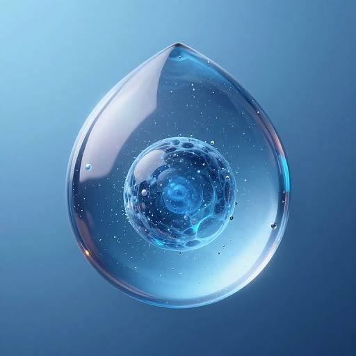 Photograph of a clear, teardrop-shaped glass containing a small, blue-centered, transparent water sphere with sparkling droplets, set against a gradient