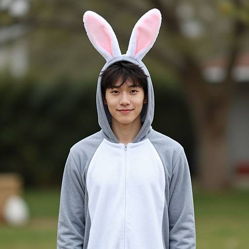 Photograph of an Asian teenage boy with black hair, wearing a gray and white bunny hoodie with pink ears, standing outdoors. Blurred greenery in