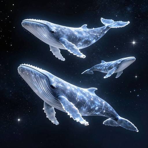 Digital art of three glowing, ethereal blue whales with intricate white patterns, floating in a starry, dark cosmic background.