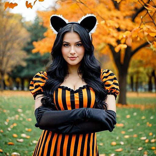 Woman in Skunk-Themed Halloween Costume Outdoors
