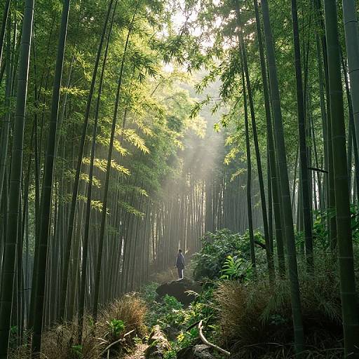 Photograph of a serene bamboo forest with sunlight filtering through tall green stalks, illuminating a lone person walking on a dirt path surrounded by lush under