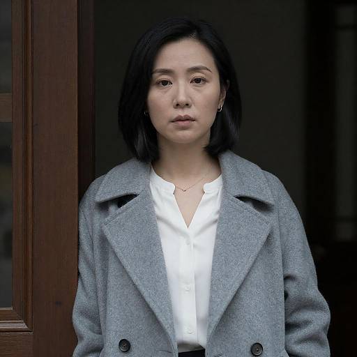 Serious Woman in Gray Coat Standing by Door