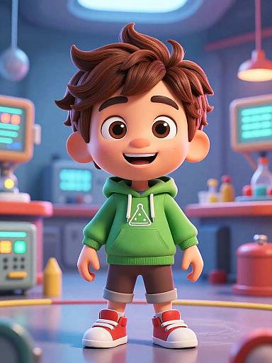 3D Cartoon Boy in Futuristic Lab