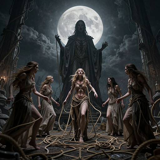 Digital artwork: Five wild-haired women in tattered robes circle a central blonde woman under a full moon, with a shadowy figure with outstretched