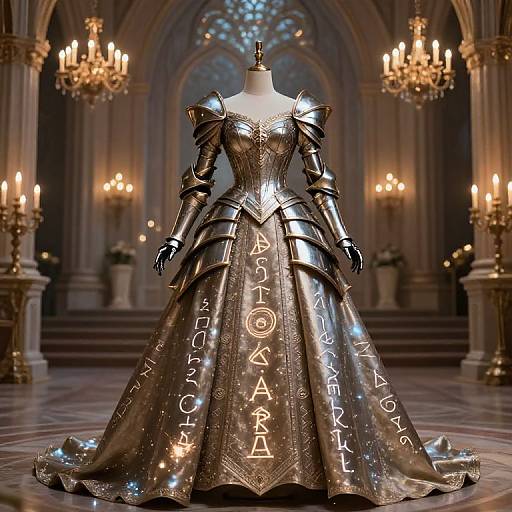 Photograph of a medieval-style armored gown with glowing white alphabet letters on a silver-embroidered, floor-length, ballroom backdrop.