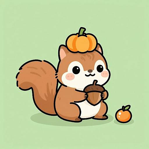 Cute Cartoon Squirrel with Pumpkin and Acorn
